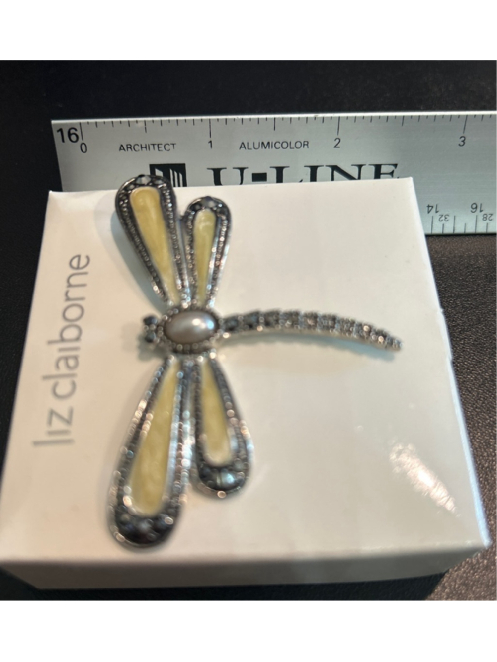 Women's Liz Claiborne Dragonfly Brooch Pin One Size Silver Yellow - Picture 4 of 4